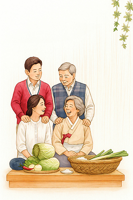 JPG 전통 문화 할머니 음식 채소 일러스트 가족 협력 한국 따뜻함 이야기 사랑 웃음 생활 전통음식 손주 배추 준비 김장 세대 국내일러스트 AI일러스트 AI콘텐츠 여자 노년 감정 아시아 관계 표정 파일형식