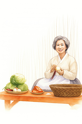 JPG 전통 행복 전통문화 할머니 한식 음식 채소 일러스트 가족 자연 한국 따뜻함 요리 식사 양념 한복 배추 준비 김장 수공예 정성 국내일러스트 AI일러스트 AI콘텐츠 한국전통 여자 노년 감정 아시아 문화 관계 전통의상 공예 생태계 파일형식
