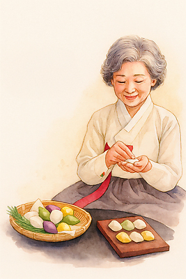 JPG 문자 전통 손 명절 기념일 문화 할머니 음식 컬러 일러스트 재료 가족 디저트 한국 따뜻함 바구니 시골 한복 송편 만들기 정성 국내일러스트 AI일러스트 AI콘텐츠 한국전통 여자 노년 아시아 관계 모션 떡 이벤트 신체부위 전통의상 파일형식