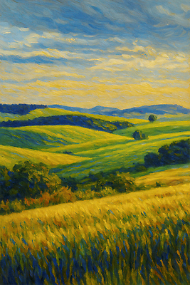 JPG 농업 일러스트 자연 하늘 아침 날씨 산 풍경 초원 파란색 햇빛 노란색 평화 시골 언덕 그림 생태계 조화 국내일러스트 AI일러스트 AI콘텐츠 주간 산업 컬러 컨셉 태양 파일형식