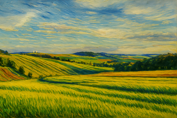 JPG 식물 농업 일러스트 자연 하늘 거리 풍경 초원 여름 햇빛 평화 고요 목초지 농촌 언덕 오후 풍요 국내일러스트 AI일러스트 AI콘텐츠 계절 산업 컨셉 태양 목장 시골 생태계 파일형식 초원_자연