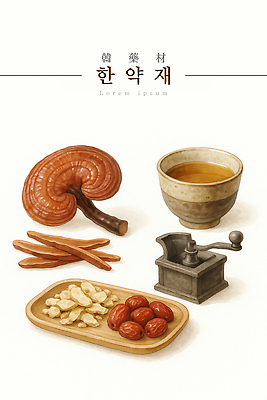 PSD 전통 일러스트 의학 자연 건강 치료 한의학 약재 한약재 인삼 약초 대추 생강 한방차 홍삼 국내일러스트 채소 차_음료 약 풀_식물 삼 전통차 생태계 파일형식