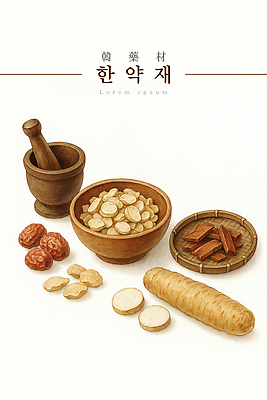 PSD 전통 음식 일러스트 재료 자연 한국 건강 요리 치료 한의학 약재 한약재 약초 한약 건강식 치유 국내일러스트 아시아 의학 약 풀_식물 생태계 파일형식