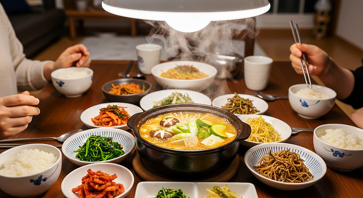 JPG 편집이미지 한식 가족 식탁 밥 반찬 함께함 따뜻함 요리 일상 친구 식사 저녁식사 된장찌개 의료성형뷰티 편집실사 AI인물포토 AI콘텐츠 음식 컨셉 관계 탁자 라이프 찌개 CG 파일형식 AI포토