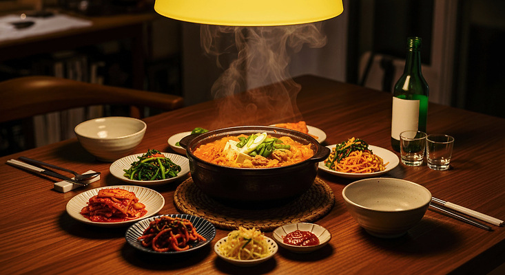 JPG 편집이미지 음식 가족 탁자 반찬 조명 한국 따뜻함 친구 식사 저녁 나물 소주 김치찌개 편집실사 AI포토 AI콘텐츠 아시아 가구 채소 관계 주류 야간 찌개 CG 파일형식