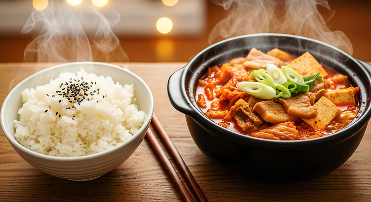 JPG 편집이미지 한식 재료 밥 육류 요리 식사 뜨거움 편안함 찌개 두부 국물 파 김치찌개 편집실사 AI포토 AI콘텐츠 음식 채소 식재료 감각 CG 파일형식
