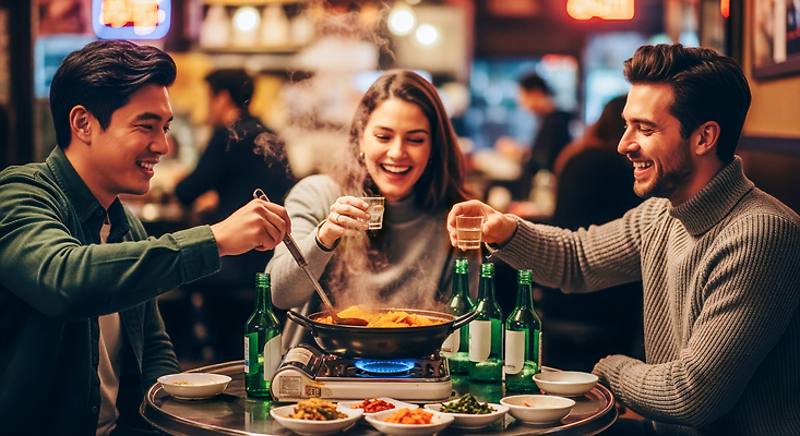 JPG 편집이미지 한식 음식 놀이 탁자 따뜻함 대화 웃음 레스토랑 저녁식사 모임 즐거움 소주 활기 김치찌개 돌잔치 의료성형뷰티 편집실사 AI인물포토 AI콘텐츠 감정 가구 컨셉 주류 표정 말하기 식당 식사 돌_생일 찌개 CG 파일형식 AI포토