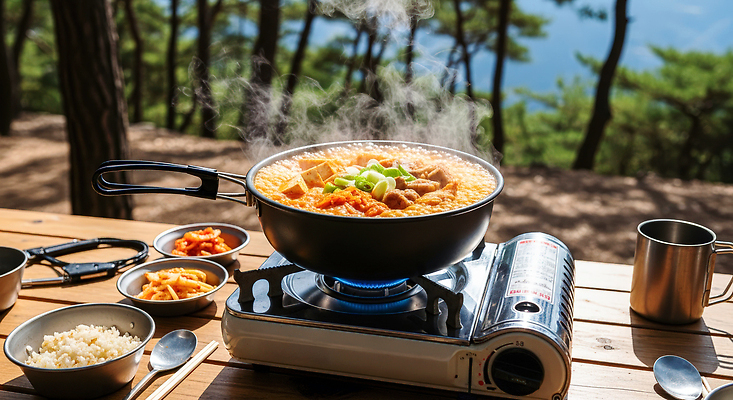 JPG 편집이미지 음식 가족 자연 탁자 밥 산 요리 잔디 야외 친구 식사 캠핑 숲 찌개 김치찌개 편집실사 AI포토 AI콘텐츠 식물 가구 관계 레저 CG 생태계 파일형식