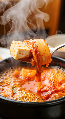 JPG 편집이미지 한식 재료 김치 요리 뜨거움 수증기 국자 두부 국물 김치찌개 맛있는 편집실사 AI포토 AI콘텐츠 음식 주방용품 찌개 CG 파일형식