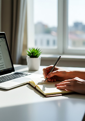 JPG 식물 편집이미지 손 생각 모션 노트북 햇빛 환경 공책 공간 기록 메모지 작업 집중 창가 책상 의료성형뷰티 편집실사 AI인물포토 AI콘텐츠 가구 컨셉 창문 문구용품 신체부위 전자제품 태양 사무용품 CG 파일형식 AI포토