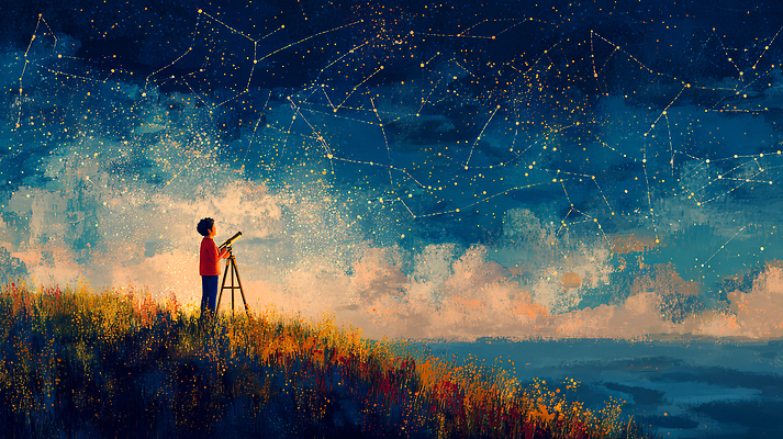 JPG 별 어린이 일러스트 자연 밤하늘 하늘 풍경 우주 망원경 별자리 꿈 탐험 발코니 관찰 신비 호기심 천문학 별빛 여름밤 국내일러스트 AI일러스트 AI콘텐츠 자연요소 교육 감정 컨셉 모션 사람 여름 빛 야간 생태계 파일형식