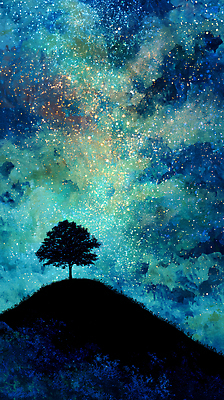 JPG 나무 별 일러스트 자연 밤하늘 하늘 밝음 미술 풍경 평화 우주 어둠 점 화려 신비 언덕 그림 조용 색감 국내일러스트 AI일러스트 AI콘텐츠 자연요소 식물 컨셉 문화예술 야간 생태계 파일형식