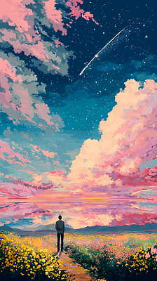 JPG 응시 감정 별 컬러 여행 일러스트 자연 하늘 사람 풍경 반사 평화 노을 고요 황혼 꿈 저녁 뷰티풀 몽환 국내일러스트 AI일러스트 AI콘텐츠 자연요소 시선 컨셉 일몰 야간 생태계 파일형식