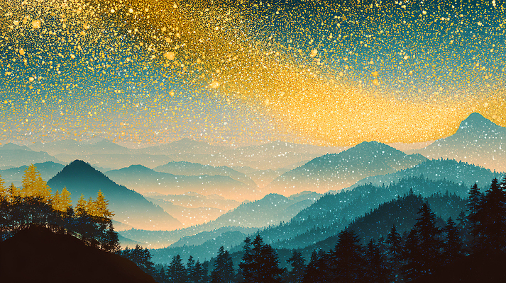 JPG 컬러 백그라운드 일러스트 자연 하늘 조명 산 미술 풍경 고요 저녁 숲 그림 지평선 화가 별빛 뷰티풀 몽환 차분 국내일러스트 AI일러스트 AI콘텐츠 직업 별 컨셉 문화예술 빛 야간 생태계 파일형식