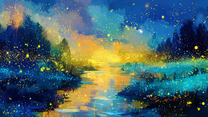 JPG 나무 컬러 일러스트 자연 하늘 바람 풍경 물 빛 반짝임 강 평화 고요 수면 저녁 숲 조화 채색 뷰티풀 색채 국내일러스트 AI일러스트 AI콘텐츠 자연요소 식물 컨셉 모션 날씨 미술 야간 생태계 파일형식