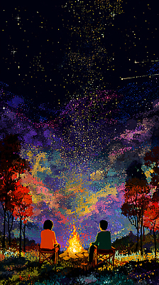 JPG 별 일러스트 자연 하늘 불꽃 따뜻함 풍경 야외 두명 여름 친구 우주 추억 모닥불 감성 별빛 국내일러스트 AI일러스트 AI콘텐츠 자연요소 계절 컨셉 관계 불 사람 빛 생태계 파일형식