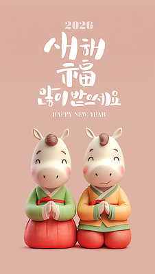 PSD 편집이미지 캐릭터 전통 행복 인형 컬러 백그라운드 새해 설날 귀여움 축하 인사 말_게임 복 한복 말캐릭터 손모으기 연휴 새해복많이받으세요 2026년 이미지편집 병오년 한국전통 명절 감정 동물캐릭터 컨셉 손짓 공휴일 한자 예절 말_동물 전통의상 연도 파일형식