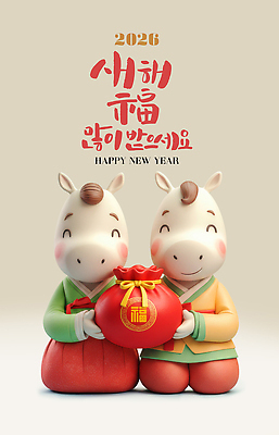 PSD 편집이미지 캐릭터 전통 옷 명절 가족 새해 복주머니 귀여움 희망 기쁨 새해인사 축하 말_게임 복 한복 말캐릭터 연휴 새해복많이받으세요 2026년 이미지편집 병오년 한국전통 기념일 감정 동물캐릭터 컨셉 관계 전통소품 공휴일 한자 인사 말_동물 전통의상 연도 파일형식