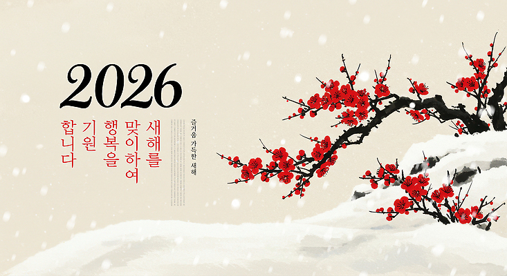 PSD 나무 전통 행복 겨울 일러스트 자연 새해 한국 사랑 풍경 축제 새해인사 기도 눈 메시지 연하장 매화 조화 만개 뷰티풀 특별함 2026년 국내일러스트 자연요소 식물 계절 꽃 감정 아시아 컨셉 날씨 카드_감사 인사 연도 생태계 파일형식