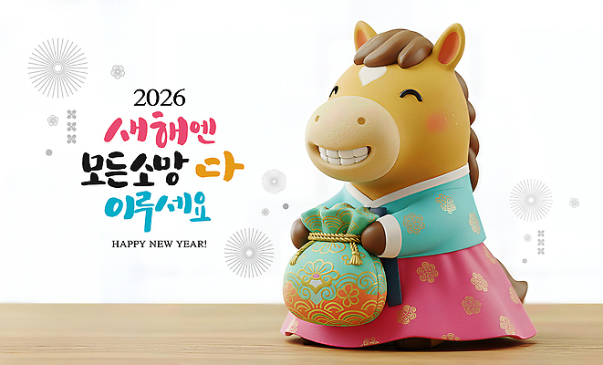 PSD 편집이미지 한국전통 명절 행복 컬러 새해 복주머니 장식 희망 기쁨 축하 전통의상 즐거움 세배 말캐릭터 새해복많이받으세요 말인형 2026년 이미지편집 병오년 전통 기념일 감정 인형 동물캐릭터 컨셉 전통소품 한국 말_동물 절_인사 연도 파일형식