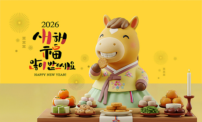 PSD 편집이미지 전통 행복 음식 인형 과일 새해 웃음 설날 축제 축하 말_게임 세배 잔치 말캐릭터 새해복많이받으세요 2026년 이미지편집 병오년 명절 감정 동물캐릭터 컨셉 표정 말_동물 절_인사 연도 파일형식