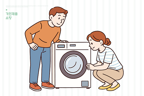 디자인 여자 남자 일러스트 실내 대화 일상 쇼핑 기계 가전제품 관찰 빨래 편안함 세탁기 소통 관심 기능 사용방법 국내일러스트 AI파일 컨셉 가사 모션 말하기 사람 내부 라이프 감각 방법 파일형식 벡터