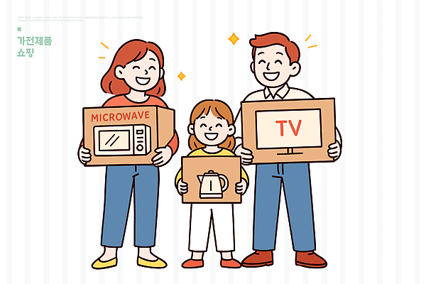 행복 감정 어린이 일러스트 가족 주전자 함께함 대화 일상 쇼핑 부모 텔레비전 가전제품 선택 전자레인지 소비 상품 즐거움 국내일러스트 AI파일 컨셉 관계 주방용품 말하기 사람 라이프 전자제품 레인지 파일형식 벡터