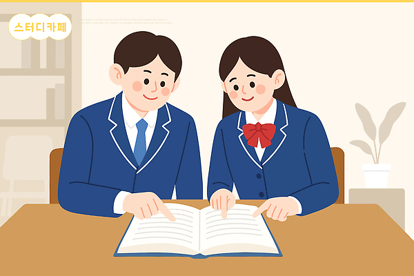 학생 교육 일러스트 학교 청소년 탁자 성공 커뮤니케이션 협력 대화 책 학습 시간 집중 동료 스터디카페 상호작용 국내일러스트 AI파일 가구 컨셉 관계 말하기 사람 카페 파일형식 벡터