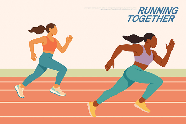 여자 스포츠 신체 일러스트 모션 성공 협력 함께함 건강 친구 달리기 운동 힘 경쟁 운동장 에너지 목표 집중 연습 열정 노력 러닝 국내일러스트 AI파일 감정 컨셉 스포츠시설 관계 사람 공간 파일형식 벡터