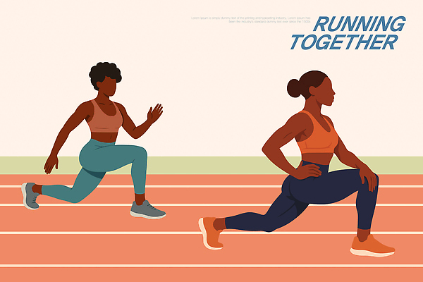 여자 스포츠 일러스트 협력 함께함 건강 친구 달리기 운동 헬스 스트레칭 연습 체육관 활기 유산소운동 러닝 국내일러스트 AI파일 컨셉 관계 모션 사람 파일형식 벡터