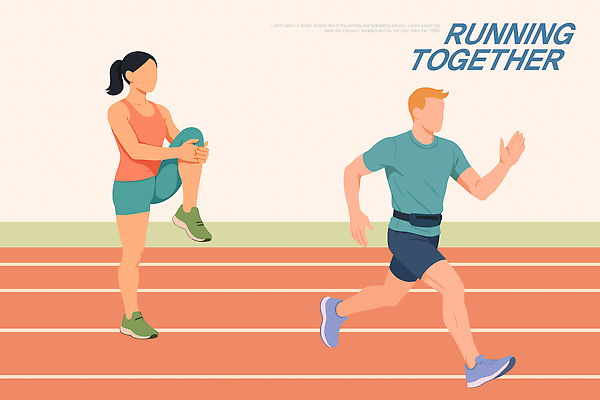 라이프스타일 감정 스포츠 일러스트 모션 운동선수 함께함 건강 친구 운동복 달리기 운동 스트레칭 힘 시간 목표 연습 즐거움 트랙 조화 러닝 국내일러스트 AI파일 옷 컨셉 관계 생활 파일형식 벡터