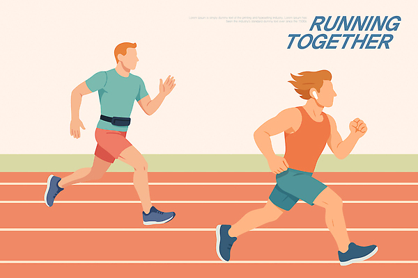 남자 스포츠 일러스트 모션 협력 함께함 건강 파란색 친구 운동복 달리기 운동 주황색 힘 경쟁 에너지 목표 연습 스니커즈 땀 트랙 러닝 국내일러스트 AI파일 옷 컬러 운동화 컨셉 관계 사람 파일형식 벡터