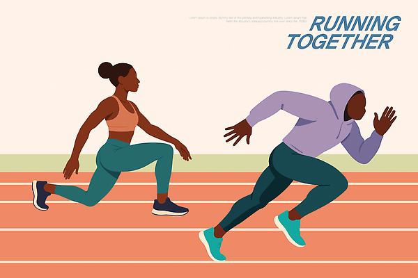 여자 남자 스포츠 포즈 일러스트 함께함 건강 친구 운동복 달리기 운동 헬스 힘 경쟁 목표 몸매 연습 체육관 트랙 러닝 국내일러스트 AI파일 옷 컨셉 관계 모션 사람 파일형식 벡터