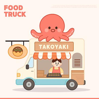 캐릭터 행복 음식 일러스트 자동차 디저트 요리 장식 판매 귀여움 주방 고객 문어 타코야키 일본음식 푸드트럭 간편조리식품 국내일러스트 AI파일 감정 육상교통 컨셉 연체동물 수중동물 트럭 파일형식 벡터