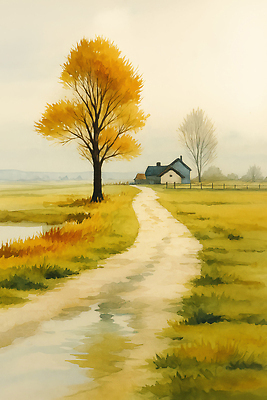 JPG 나무 호수 컬러 일러스트 자연 하늘 주택 따뜻함 풍경 초원 여름 평화 금색 가을 조용 시골길 오후 풍경화 풍요 국내일러스트 AI일러스트 AI콘텐츠 식물 계절 길 컨셉 건물 그림 생태계 파일형식