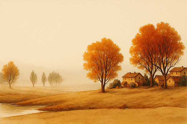 JPG 나무 사계절 컬러 일러스트 자연 하늘 주택 따뜻함 풍경 강 햇빛 평화 마을 가을 시골 조용 수목 목가 국내일러스트 AI일러스트 AI콘텐츠 식물 계절 컨셉 건물 태양 생태계 파일형식