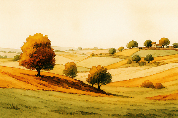 JPG 나무 컬러 일러스트 자연 풍경 초원 초록색 햇빛 농경지 평화 일출 고요 산책 가을 숲 언덕 조용 뷰티풀 풍경화 국내일러스트 AI일러스트 AI콘텐츠 식물 계절 컨셉 휴식 태양 농장 노을 그림 생태계 파일형식