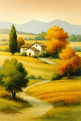 JPG 나무 계절 길 컬러 잎 농업 일러스트 자연 하늘 산 주택 따뜻함 풍경 농장 평화 가을 농촌 조화 전경 국내일러스트 AI일러스트 AI콘텐츠 식물 산업 컨셉 건물 시골 생태계 파일형식 탑뷰