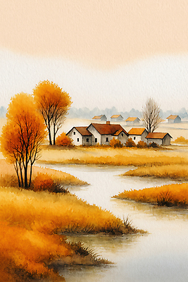 JPG 나무 컬러 일러스트 자연 나뭇잎 수채화 주택 따뜻함 풍경 잔디 일상 강 평화 가을 농촌 시골 숲 조용 뷰티풀 국내일러스트 AI일러스트 AI콘텐츠 식물 계절 컨셉 잎 건물 라이프 생태계 파일형식