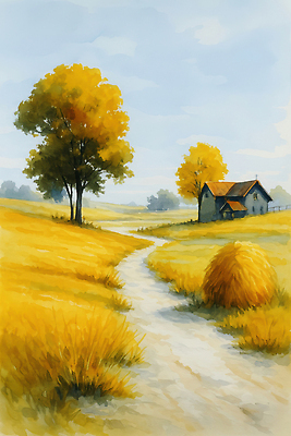 JPG 나무 길 여유 컬러 일러스트 자연 주택 풍경 초원 농장 평화 가을 농촌 뷰티풀 풍경화 휴식처 국내일러스트 AI일러스트 AI콘텐츠 식물 계절 감정 컨셉 농업 휴식 건물 시골 그림 생태계 파일형식