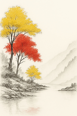 JPG 나무 식물 컬러 일러스트 자연 나뭇잎 산 풍경 빨간색 물 강 노란색 평화 고요 가을 숲 스케치 그림 조경 뷰티풀 국내일러스트 AI일러스트 AI콘텐츠 자연요소 계절 컨셉 잎 미술 생태계 파일형식