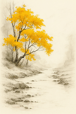 JPG 나무 단풍 일러스트 자연 풍경 물 강 노란색 산책 가을 돌_바위 개울 숲 스케치 부드러움 설정 뷰티풀 비경 국내일러스트 AI일러스트 AI콘텐츠 자연요소 식물 계절 컬러 잎 휴식 미술 감각 생태계 파일형식