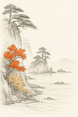 JPG 나무 식물 물결 선 바다 컬러 섬 백그라운드 단풍 일러스트 자연 산 풍경 해변 고요 절벽 가을 스케치 그림 리듬 뷰티풀 국내일러스트 AI일러스트 AI콘텐츠 계절 잎 미술 생태계 파일형식