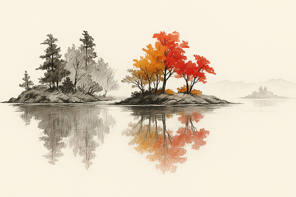 JPG 나무 전통 호수 예술 컬러 섬 일러스트 자연 수채화 한국 풍경 빨간색 물 반사 주황색 회색 가을 스케치 그림 조용 수목 차분 국내일러스트 AI일러스트 AI콘텐츠 자연요소 식물 계절 아시아 컨셉 미술 생태계 파일형식