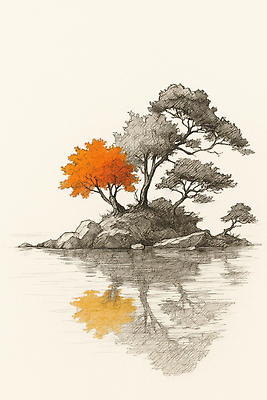 JPG 나무 예술 섬 단풍 일러스트 자연 풍경 물 강 반사 고요 금색 가을 소나무 스케치 그림 조용 채색 뷰티풀 차분 국내일러스트 AI일러스트 AI콘텐츠 자연요소 식물 계절 컬러 컨셉 잎 미술 생태계 파일형식