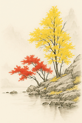 JPG 나무 감정 단풍 잎 일러스트 자연 산 풍경 반사 평화 소리 가을 물가 강가 스케치 조용 뷰티풀 색채 국내일러스트 AI일러스트 AI콘텐츠 식물 계절 컨셉 미술 강 생태계 파일형식
