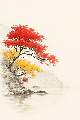 JPG 나무 문화 호수 여유 컬러 여행 단풍 일러스트 자연 나뭇잎 풍경 물 강 햇빛 반사 평화 가을 스케치 조용 뷰티풀 국내일러스트 AI일러스트 AI콘텐츠 자연요소 식물 계절 감정 컨셉 잎 미술 태양 생태계 파일형식