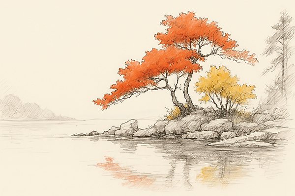 JPG 나무 컬러 일러스트 자연 하늘 나뭇잎 풍경 초록색 물 강 태양 반사 고요 일몰 가을 보트 수면 스케치 뷰티풀 국내일러스트 AI일러스트 AI콘텐츠 자연요소 식물 계절 잎 배_교통 미술 노을 생태계 파일형식