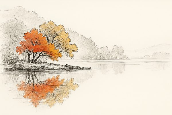 JPG 나무 호수 물결 일러스트 자연 나뭇잎 산 풍경 반사 평화 고요 가을 스케치 그림 힐링 뷰티풀 색감 전경 차분 국내일러스트 AI일러스트 AI콘텐츠 식물 계절 컨셉 잎 미술 생태계 파일형식 탑뷰