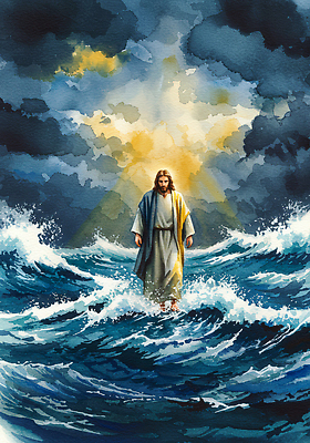 JPG 종교 예술 파도 바다 상징 일러스트 수채화 풍경 빛 평화 걷기 믿음 희망 예수 기적 묘사 신성 폭풍 순간 재현 국내일러스트 AI일러스트 AI콘텐츠 감정 컨셉 모션 날씨 신_종교 파일형식